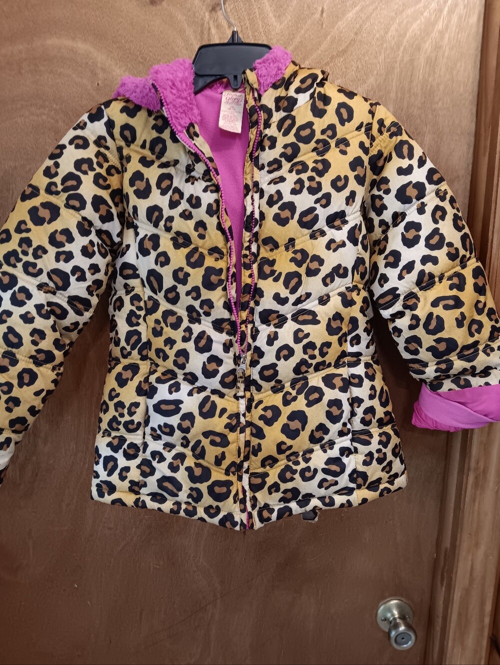 Faded Glory Leopard Print Puffer Jacket with Pink Lining